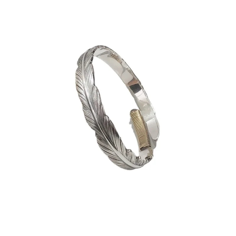 Pure Silver 999 Bangles for Men and Women Retro Glossy Feather Bracelet Personality Couple Jewelry