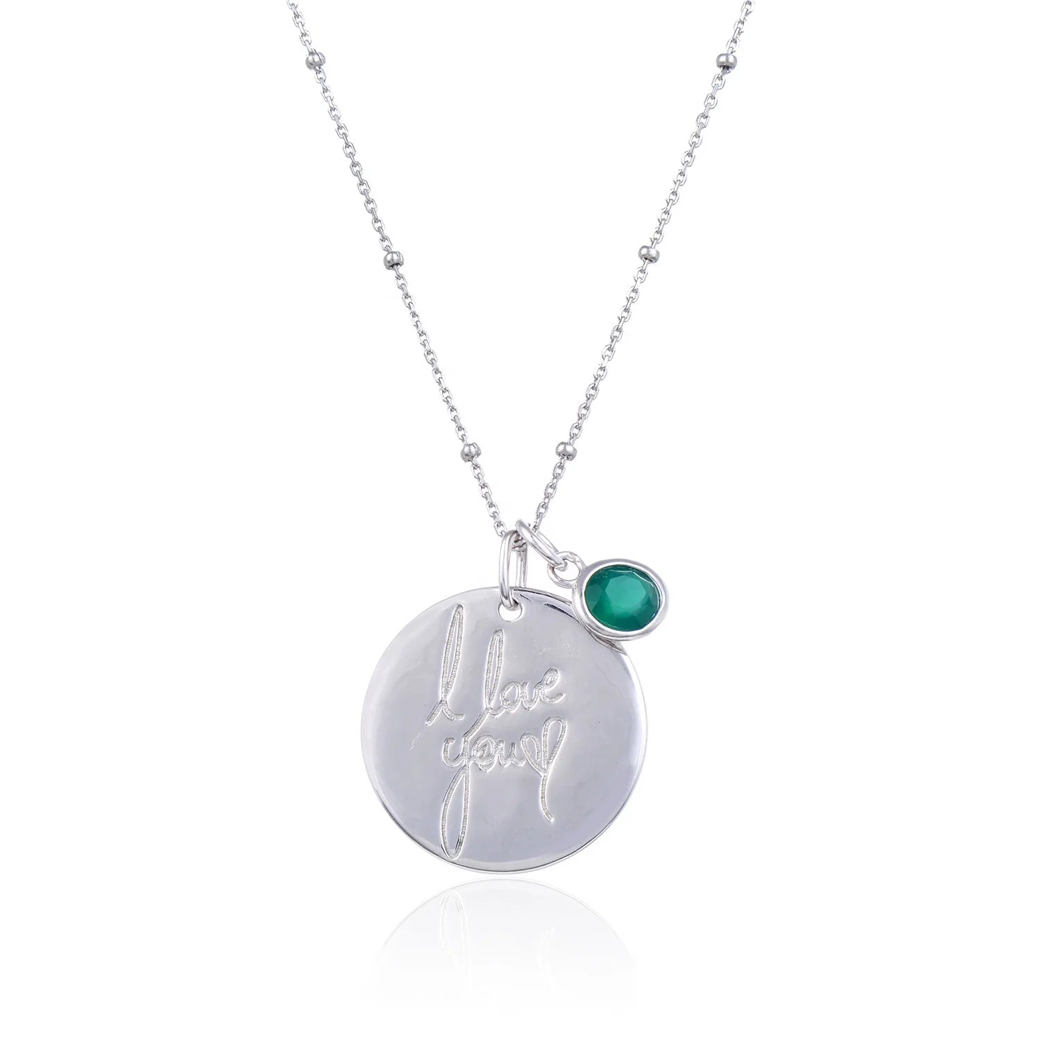 C7619 Abiding Engrave I Love You Letter Pendant Green Agate Gemstone 925 Sterling Silver Necklace Women Jewelry for Wedding