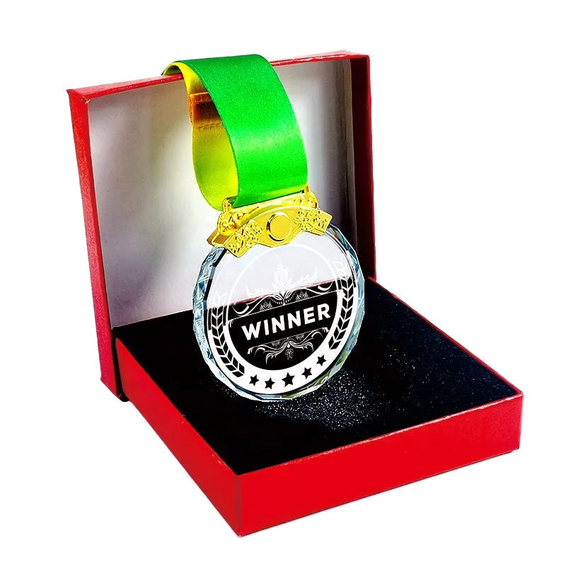Small Bridge Personalized Logo Customize Crystal Glass Medal Award Faceted Diamond Medals Plaques Stock Metal Trophy Souvenirs