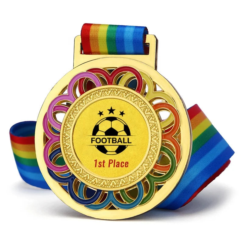 Wholesale Metal Medals School Sports Competition Award Commendation Prize Gold Silver and Copper rainbow Lanyard