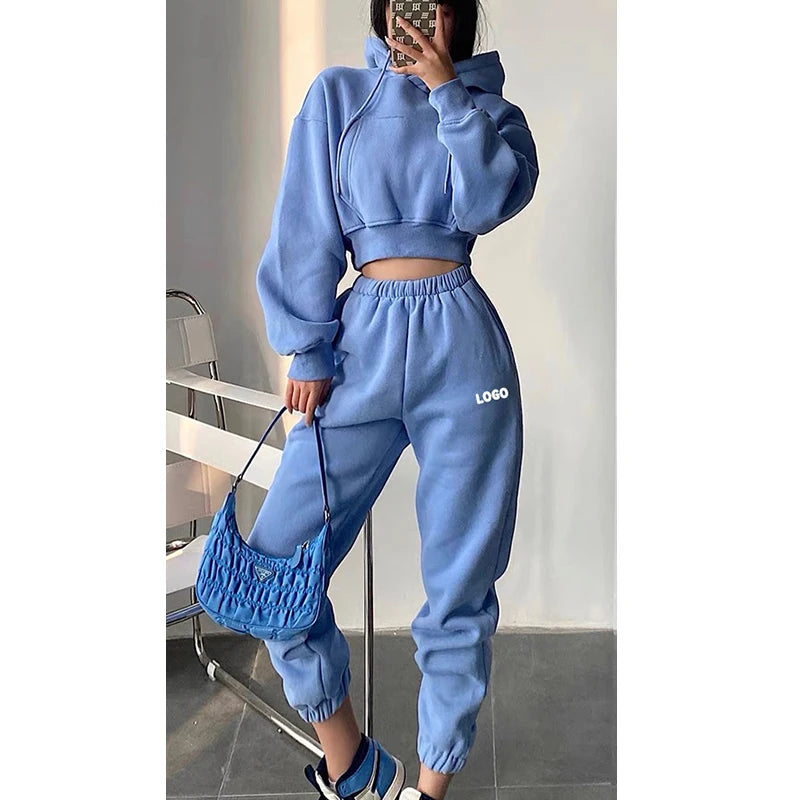 F230679 OEM Custom Casual Pullover Hoodies Letter Printed Sports Two Piece Sets Solid Color Jogger Pants Sets