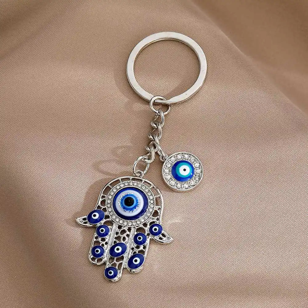 Wholesale Retro Fatima Hamsa Dripping Oil Metal Key Chains Enamel Lucky Demon's Blue Evil Eye Khamsah Keychain Purse Bag Pendant