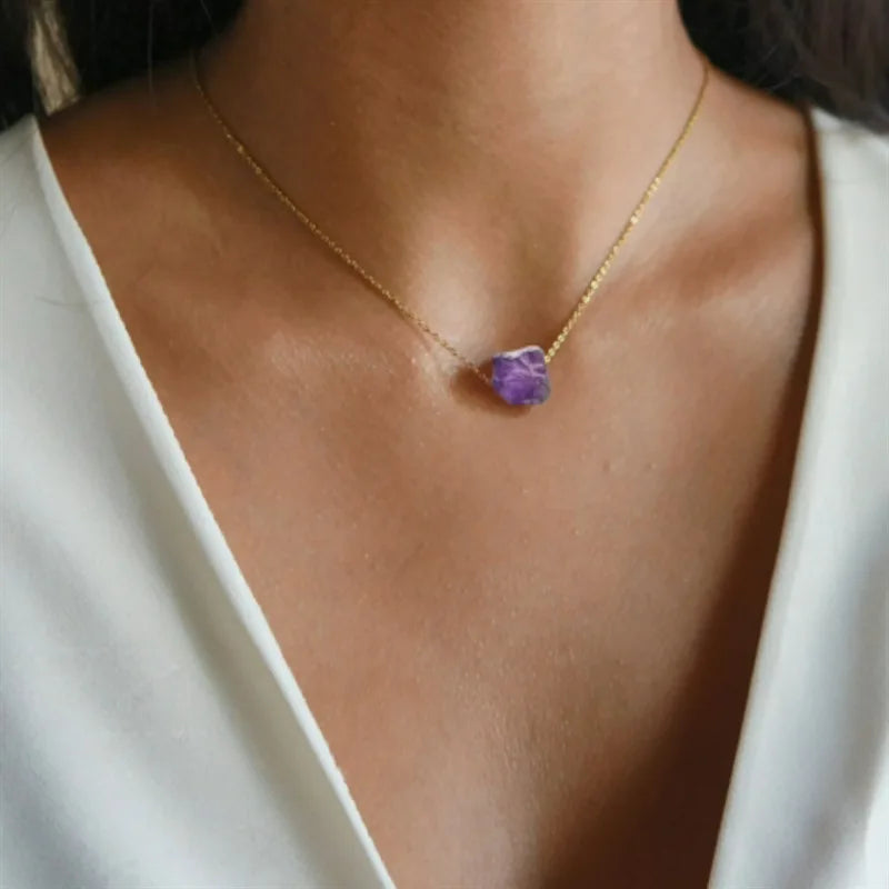 Zooying  Raw Crystal Necklace Natural Gemstone Black Tourmaline/ Amethyst / Moonstone /Necklace Natural Stone Pendant Necklace