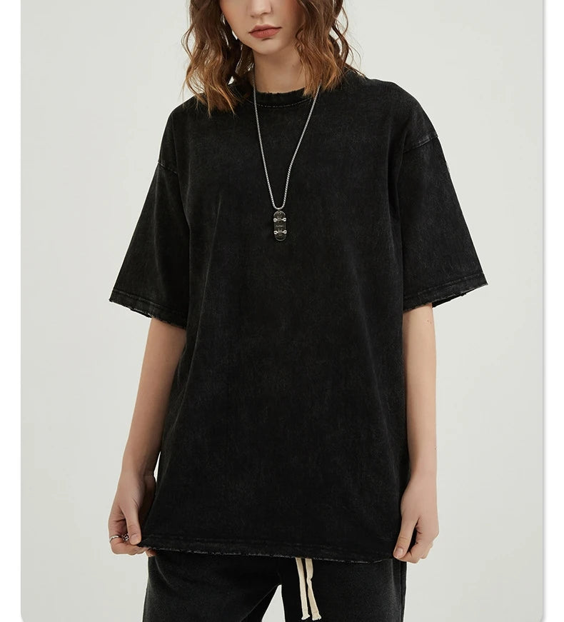 Custom logo Streetwear 220 Gsm Men Screen Print 100% Cotton Vintage Black Oversized Unisex Plain Mineral Wash t Shirt