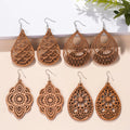 Vintage Brown Patterned Teardrop Dangle Earrings Wood Flower Drop Earrings for Women Summer Beach Party Jewelry Gifts