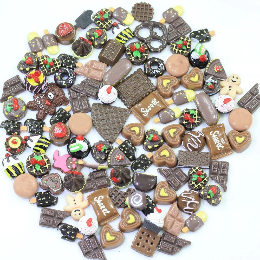 100PCS Sweet Chocolate Cabochons Miniature Figurines Flatback Food Dessert for Kid Girl Gift Jewelry Charm Accessories