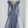 Jancember LSCZ300 Navy Lace Long Sleeve Evening Dresses Elegant Lady Party Prom Dresses 3D Pattern Appliques Natural Waist