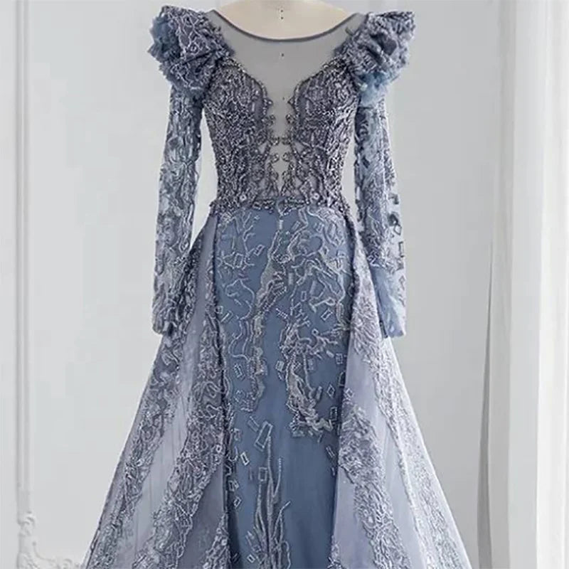 Jancember LSCZ300 Navy Lace Long Sleeve Evening Dresses Elegant Lady Party Prom Dresses 3D Pattern Appliques Natural Waist