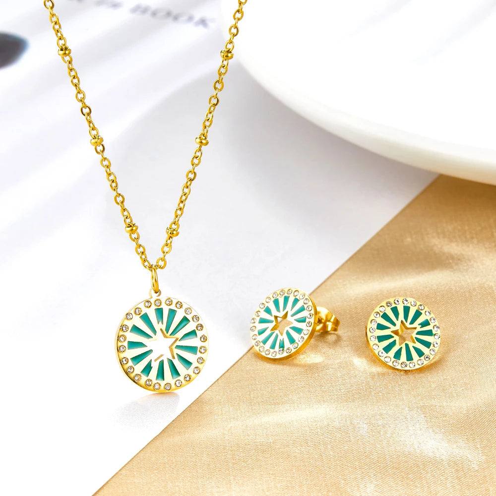 Bridal 18k Gold Dubai Stainless Steel Green Fine Jewelry Sets for Woman