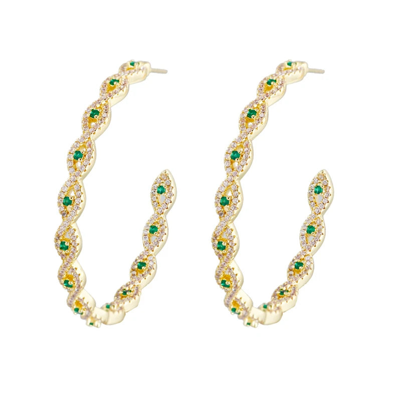 Indian Gold Plated Green Cubic Zirconia Inlaid Round Twisted Hoop Earrings for Women Brides Exquisite Wedding Jewelry Party Gift