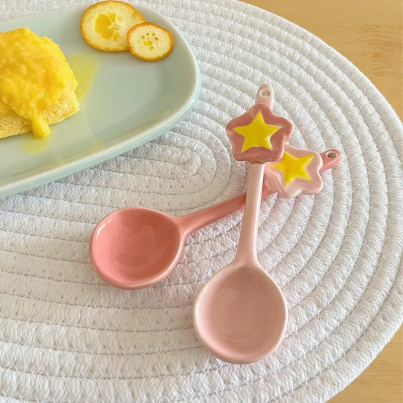 Solhui Cute Ceramic Hand-painted Pink Spoon Tiktok Star Shaped Dessert Food Spoons