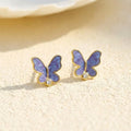 Spring Trendy 925 Sterling Silver Gold Plated Enamel Butterfly Stud Earrings Purple Enamel & CZ Accent Elegant Women's Jewelry