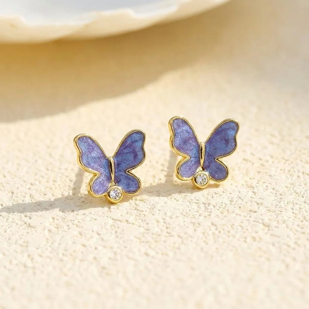 Spring Trendy 925 Sterling Silver Gold Plated Enamel Butterfly Stud Earrings Purple Enamel & CZ Accent Elegant Women's Jewelry