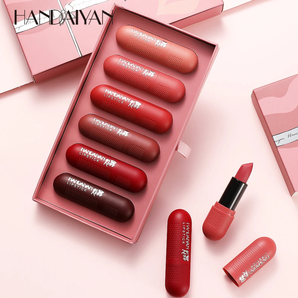 HANDAIYAN Matte Velvet Lipstick Set 6 Colors Moisturizing Waterproof Cruelty Free Vegan Wholesale Private Label Box Lips Makeup