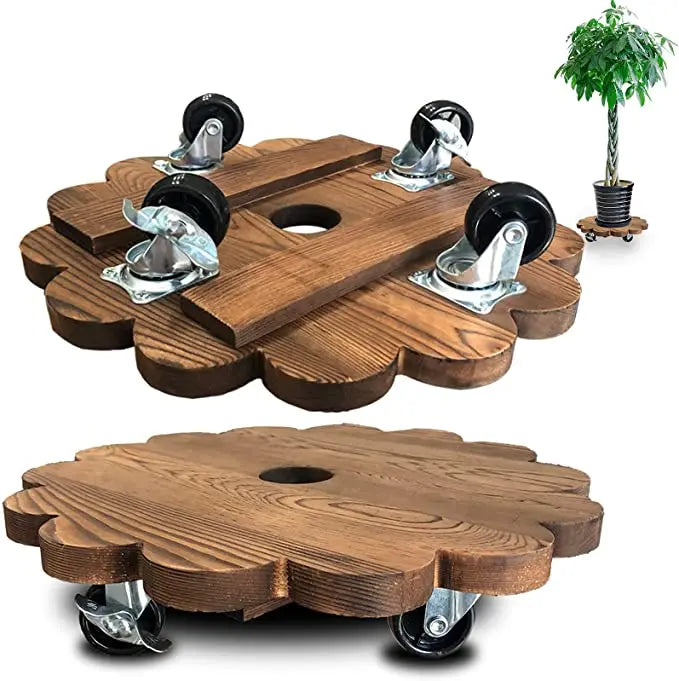 Customized  logo Multi-shape Wooden Tray Roller Moving Flower Pot Universal Wheel Flower Stand Base with Brake