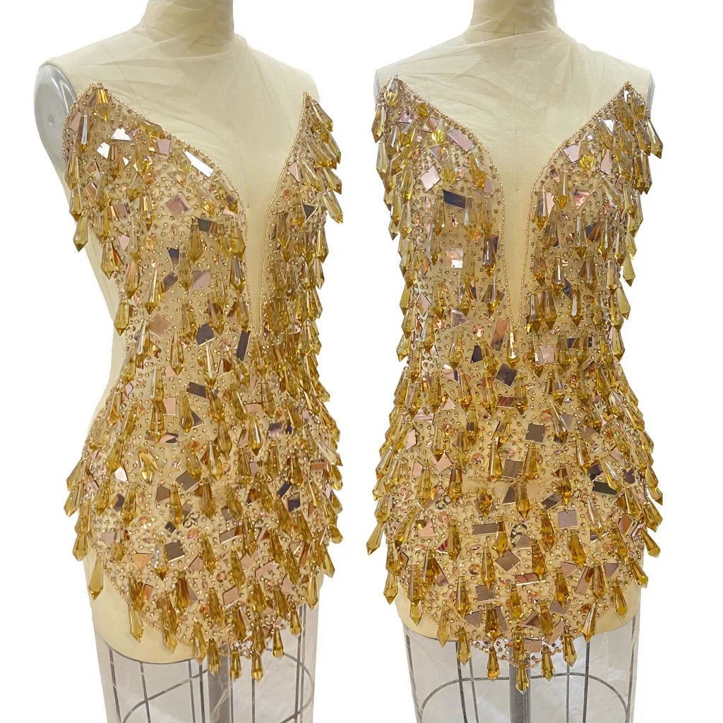 WDP-578 Keering New Arrivals Luxury Pointed Drop Glass Mirror Beads Big Rhinestone Appliques Bodice for Latin Dance Clothes