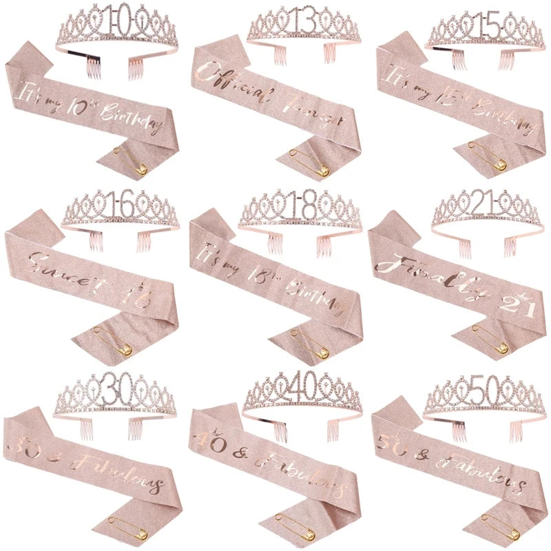 10 16 20 30 40 50 60TH Party Favor Birthday Party Supplies Birthday Girl Sash and Rhinestone Tiara Set Birthday Crown and Sash