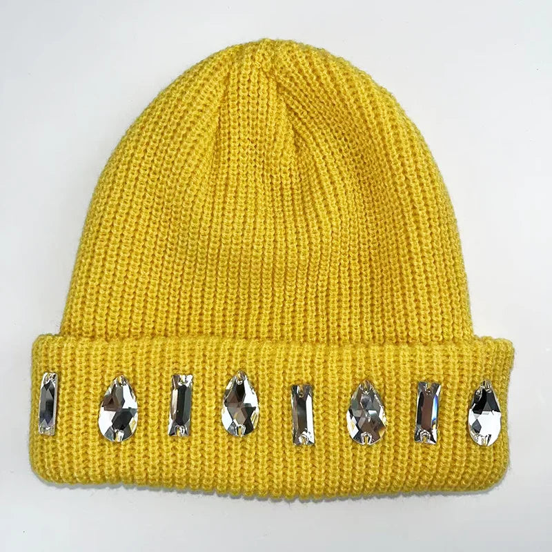 Unisex High Quality Winter Beanie Hat Big Rhiny Square Rhinestone OEM ODM Popular Fashion Yellow Winter Beanie Hat