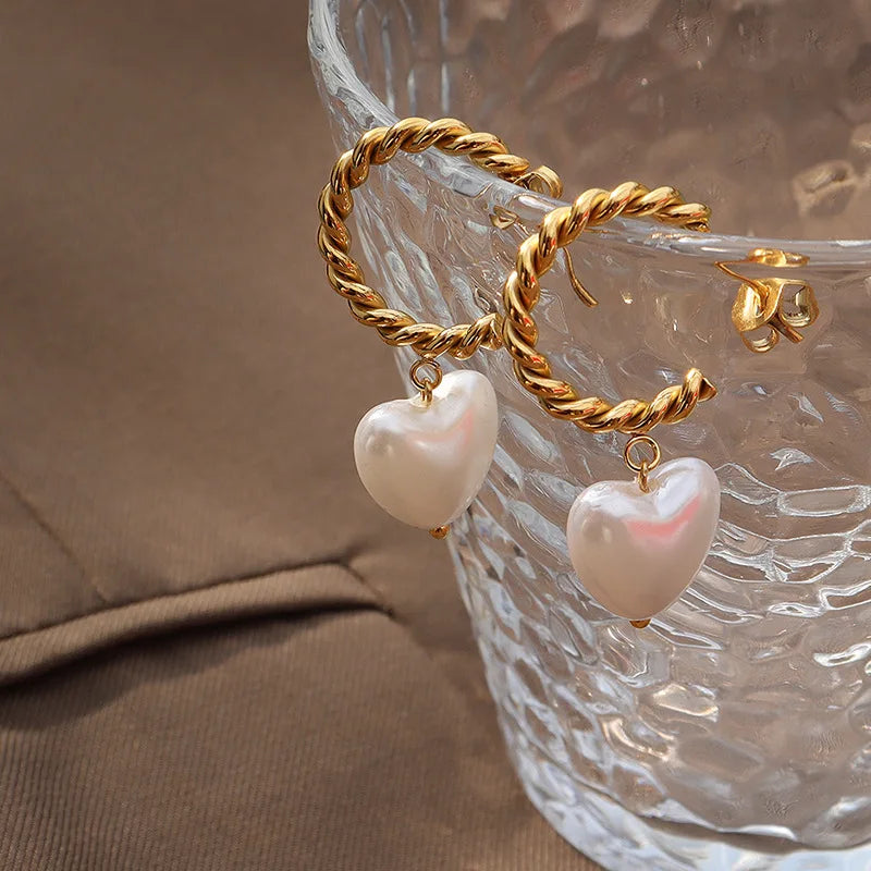 Stainless Steel Heart Pearl Drop Cc Earring Good Quality Twisted Rope Gold Plated Gold Dangle Earrings Boucle Doreille Bijoux