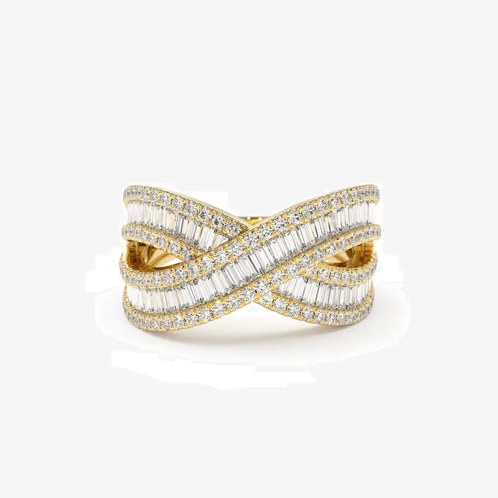 Baguette Bypass 925 Sterling Silver Women Jewelry 14K 18K Gold Plated CZ Ring