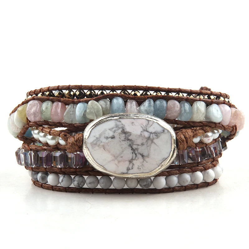 Women Gift Designer  White Howlite Tiger Eye Boho Bracelet Handmade Mixed Natural Chip Stone Charm 5 Strands Wrap Bracelets