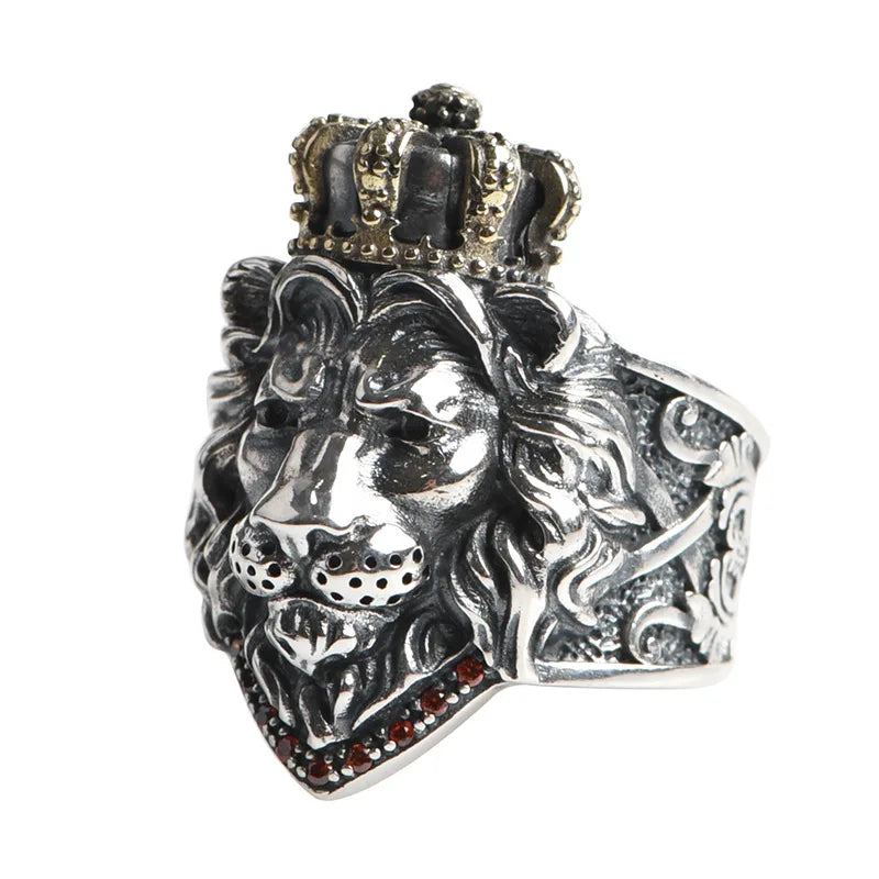 Solid 925 Sterling Silver Lion Ring Men's Vintage Crown Inlaid Zircon Punk Rock Hip Hop Jewelry