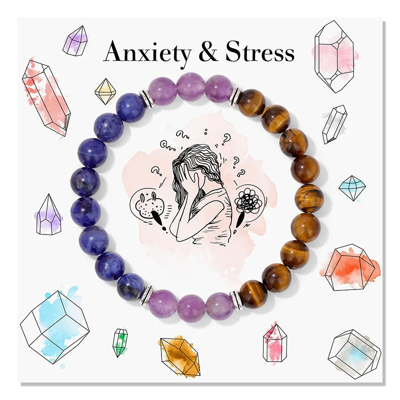8mm Beaded Bracelet with Amethyst Tiger Eye Stone Blue Pattern Crystal for Yoga and Healing Gift
