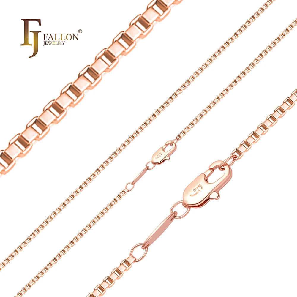 1.2mm+ FJ Fallon Fashion Jewelry Thin Venetian Box Link Chain Plated in Rose Gold Brass Based Split