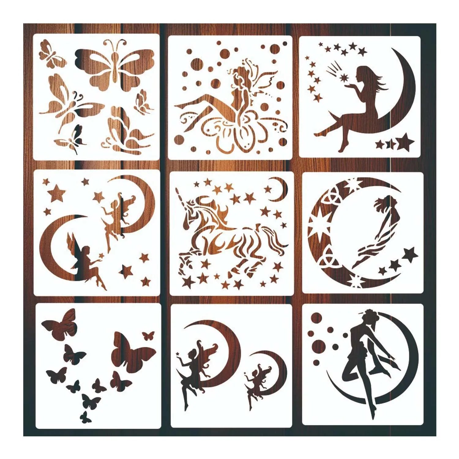 9pcs Fairy Butterfly Drawing Painting Stencils Dreamy Mushroom Butterfly Moon Star Elf Template 6inch