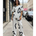 Custom Logo Women's Heart Print Breathable Two Piece Set Short Sleeve Shirt Wide Leg Pants Summer Outfit Lady Lounge Sets