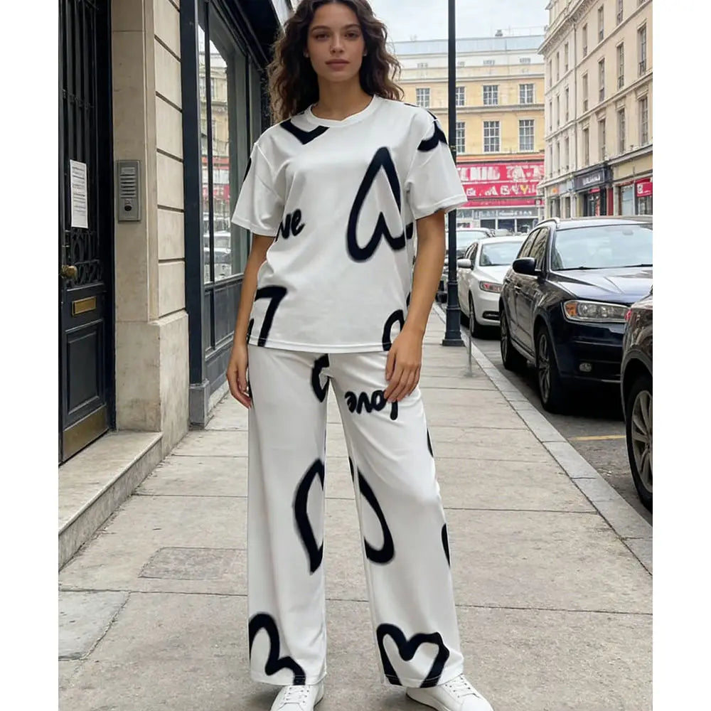 Custom Logo Women's Heart Print Breathable Two Piece Set Short Sleeve Shirt Wide Leg Pants Summer Outfit Lady Lounge Sets
