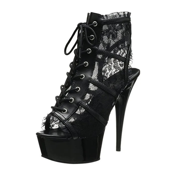 Black Lace 6-inch Thin Heel Pole Dance Model Walk Show Fashion High-heeled Shoes Striptease Shoes Leaky Toe Platform Spring and