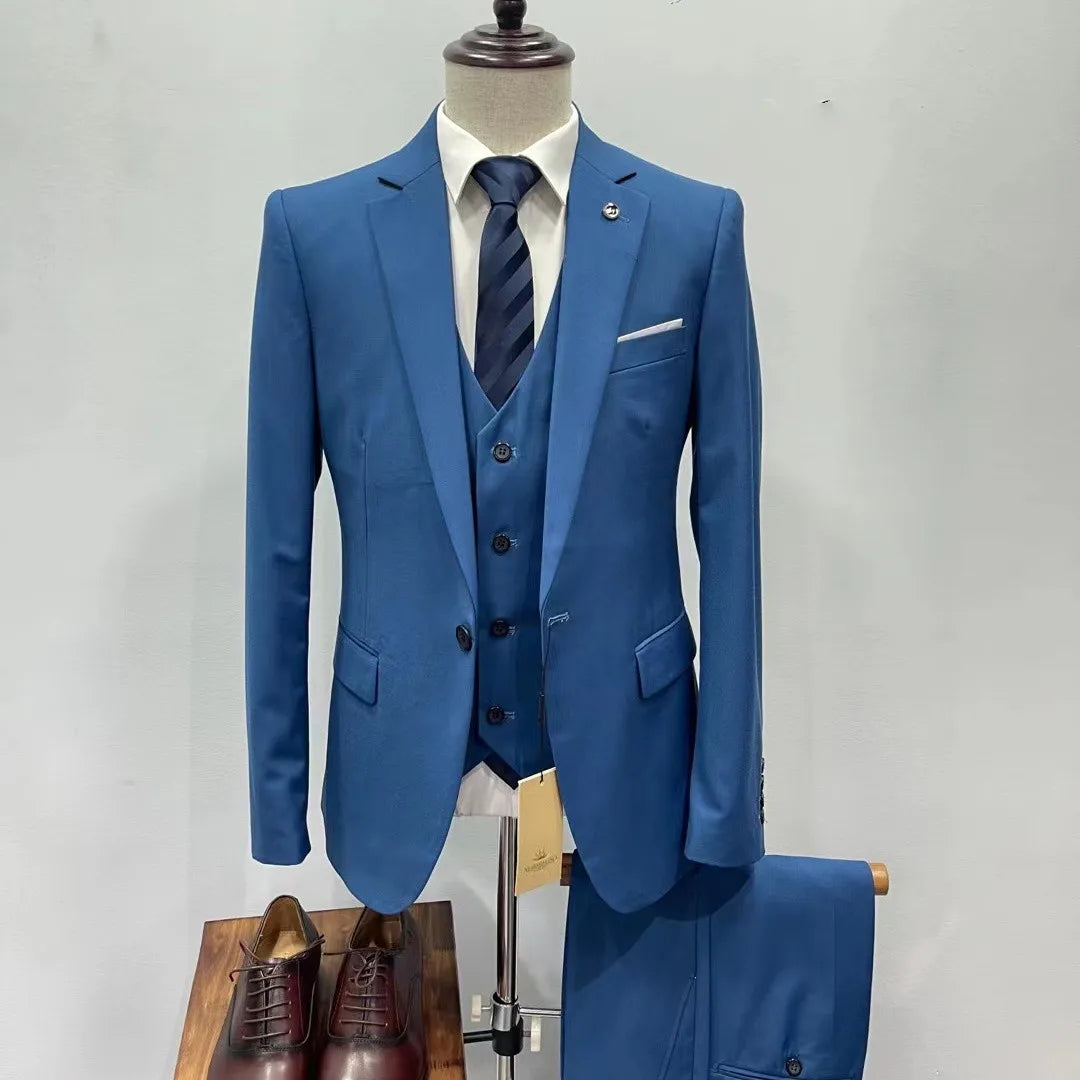 Morili  3 Pieces Blue Dark Green  Slim Fit V Neck Men Suits for Office Suit Groom Groomsmen Suit for Wedding  MMSB412