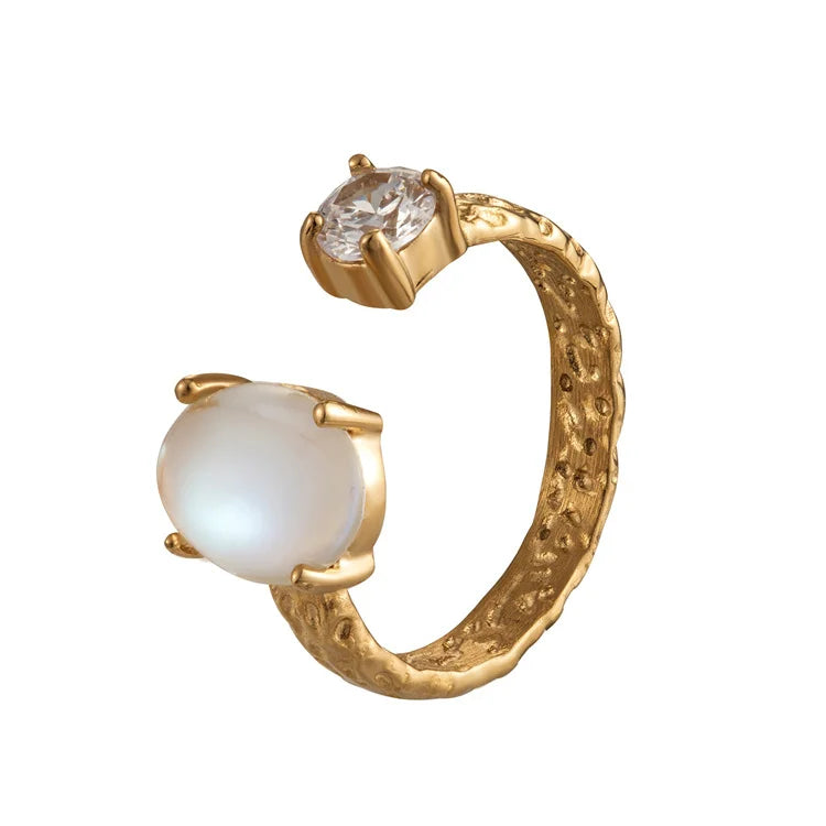 Ready to Ship High Quality lava Open Cuff Natural Gemstone Pearl Crystal Stainless Steel Ring for Women