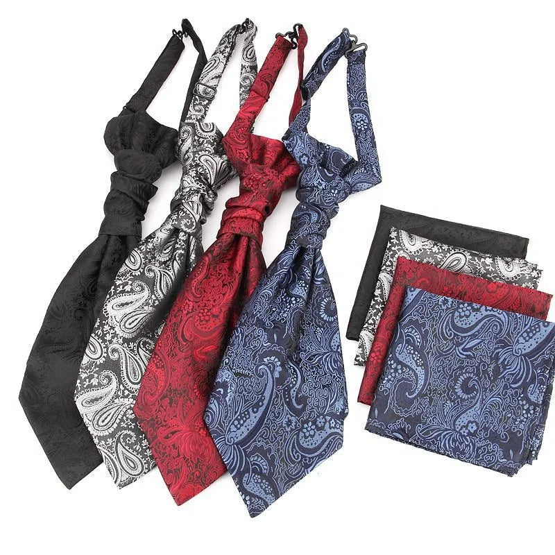 Wholesale Cheap Cravat Corbatas Paisley Black Tie Pocket square Funeral Necktie Hanky Chief Polyester Ascot Tie Set