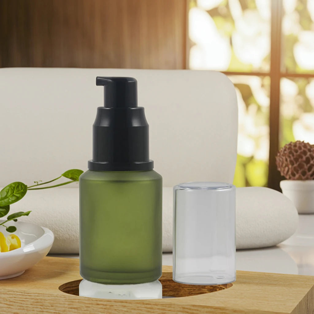 Luxury 30ml 60ml Frosted Glass Cosmetic Bottle with Silver Aluminum Pump Cap 50g for Diffuser Olive Green