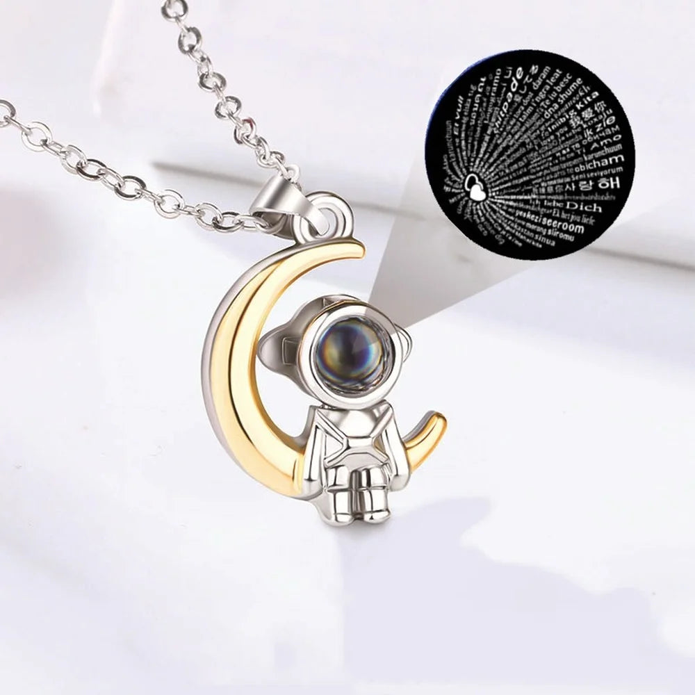 Duoying Astronaut Star Moon Simple Valentine's Day Custom Photo Necklace Jewelry New 100 Language Projection  Couple Necklace