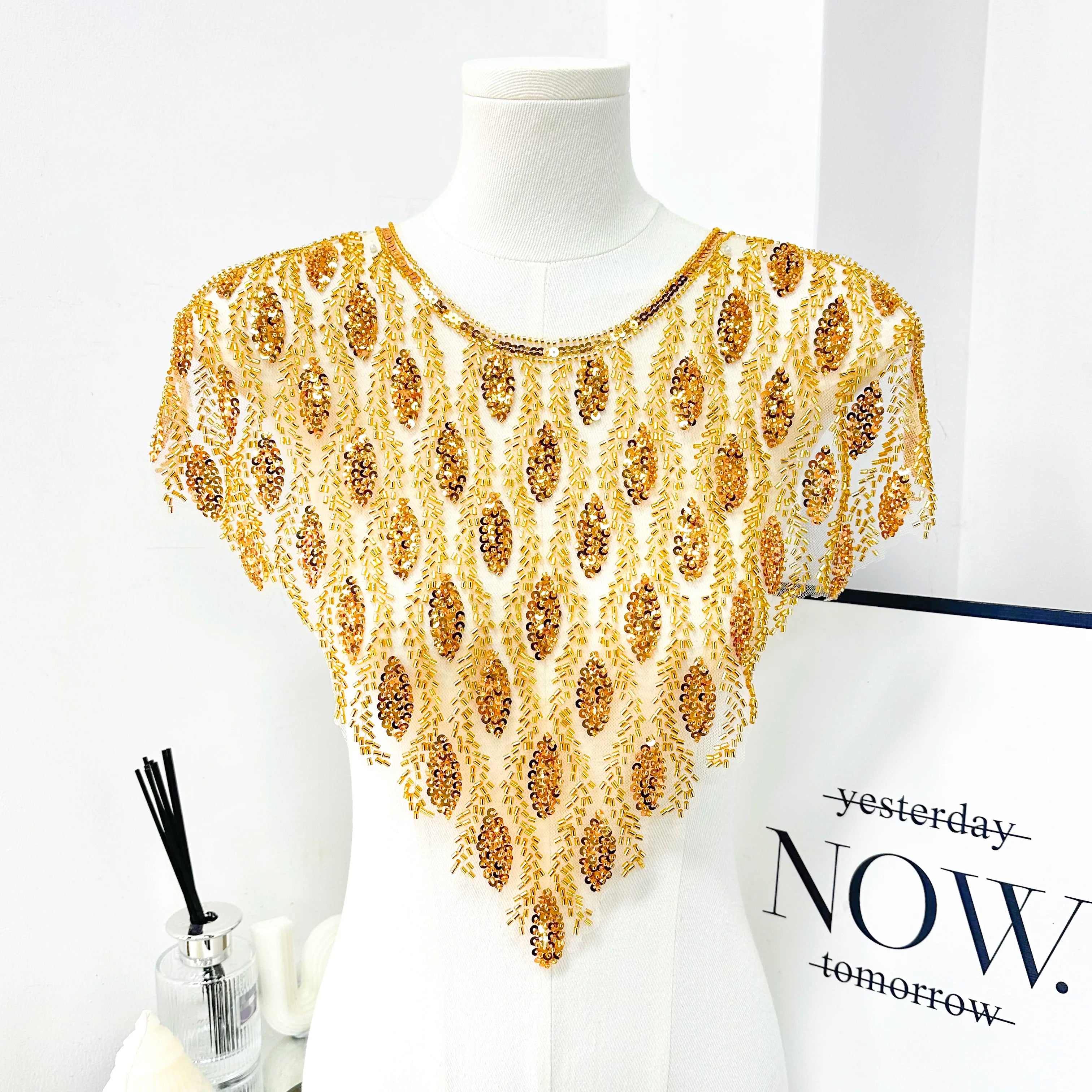 Luxury Gold Sequins Beaded Front Neck Applique Mesh Collar Patch for Abaya Muslim Robe Kaftan Dress Decoration