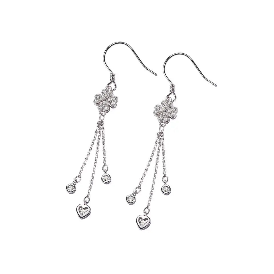 Fashion  925 Sterling Silver Jewelry Tassel Flower Lucky Clover Heart Zircon Hook  Earrings for Women