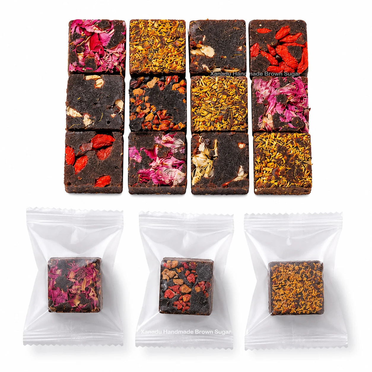 Brown Sugar Cubes Handmade Dried Flowers Beautiful Flavored Ginger Cubes 8 Flavors Goji Individual Bag Ginger Rose Dates Mix