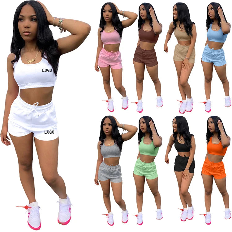 Two Piece Blank Casual Set Women's Summer Shorts Sets Ladies Crop tank Top Tracksuit Custom Wholesale Women 2 Piece Set Clothing
