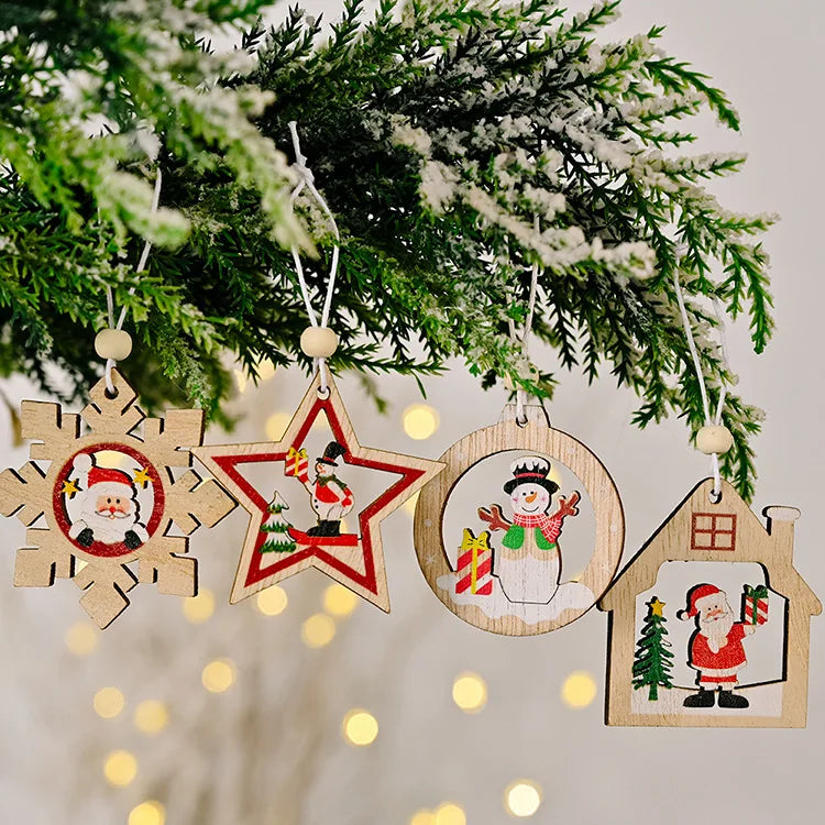 Factory Price 12pcs Lot Christmas Tree Ornament Wooden Snowflake Hanging Pendants Xmas Decoration for Home New Year Kids Gifts