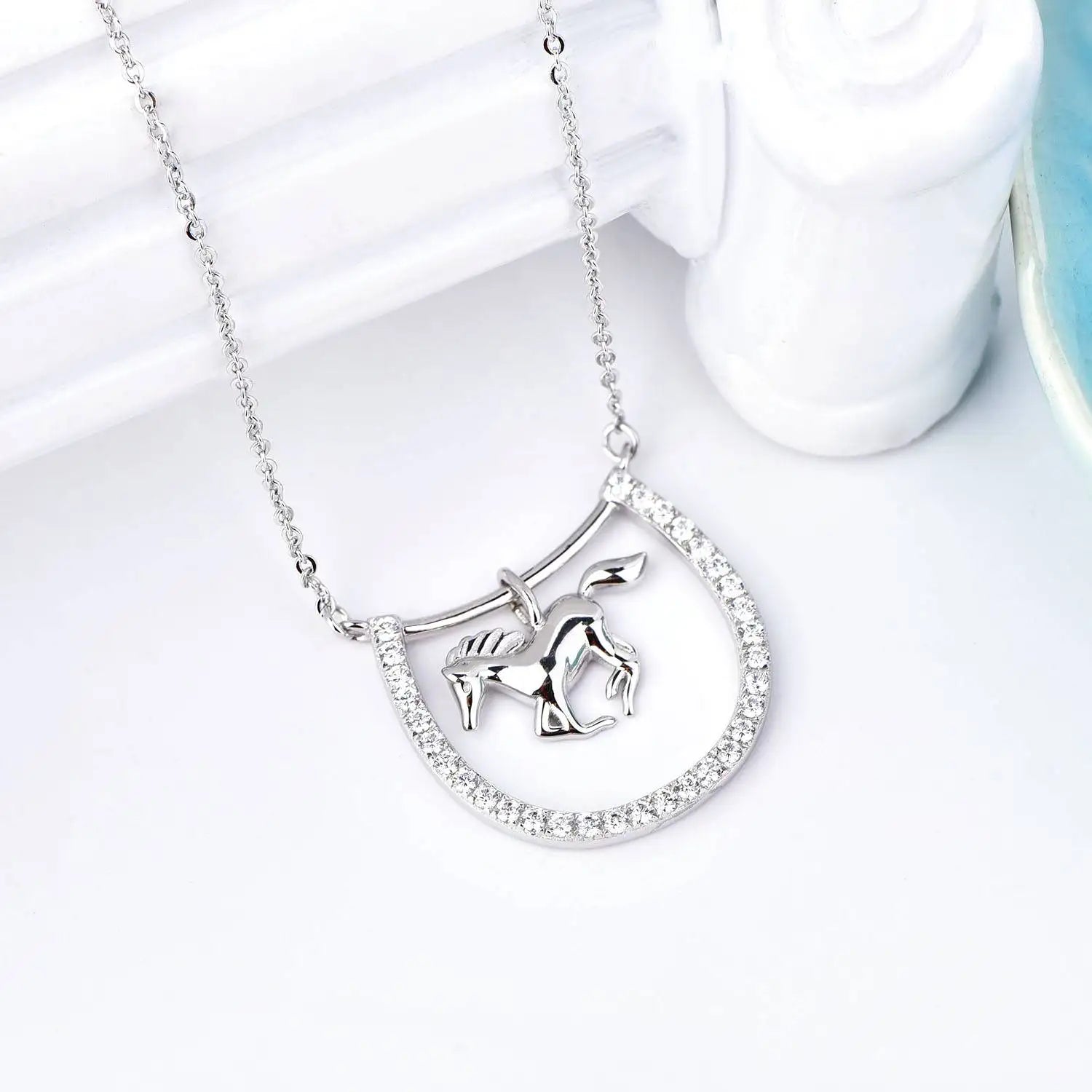 Good Luck Big Horse Shoe and Horse Necklace Pendant 925 Sterling Silver for Horse Lover