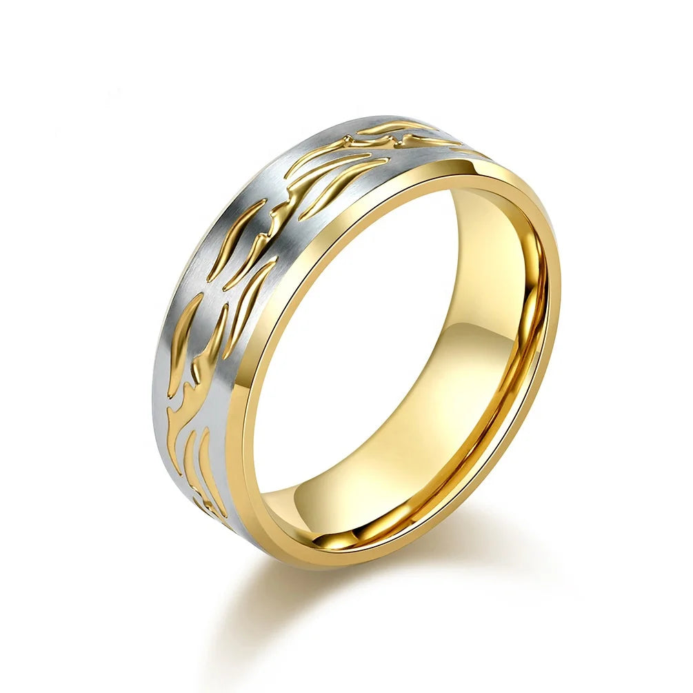 Alin Men's 18K Gold Plated Stainless Steel Zircon Ring Claw Setting 8MM Width Personal Engraving Classic Design Comfort Fit