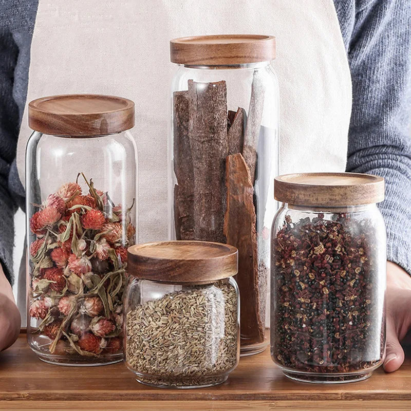 Luxury 500ml Borosilicate Glass Food Storage Container Multifunction Airtight Wood Lid Set for Fresh Food Packaging