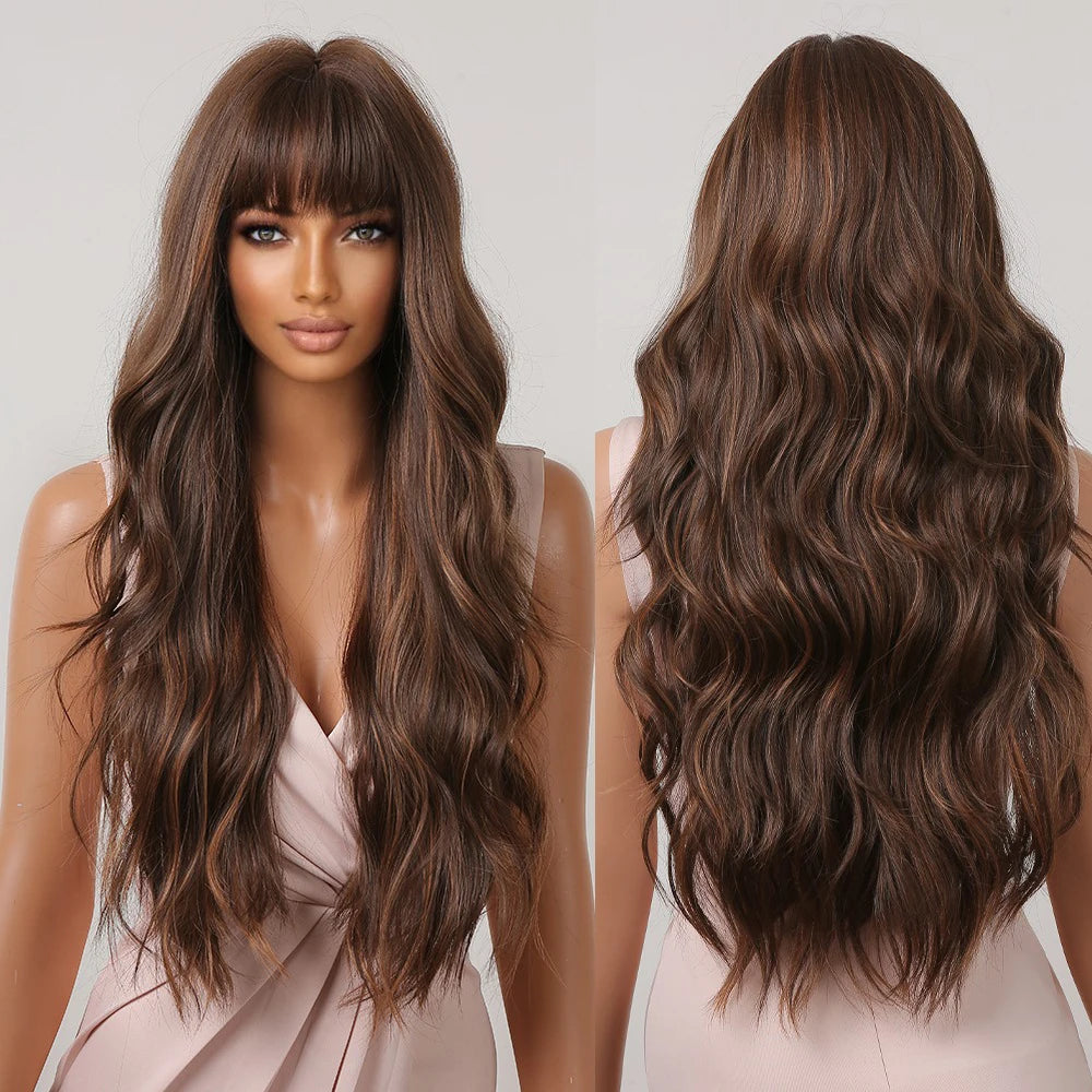 Factory Fast Delivery Brown Hair Synthetic Wigs Golden Highlight Long Natural Wavy Bangs Wig for Black Women Costume Use
