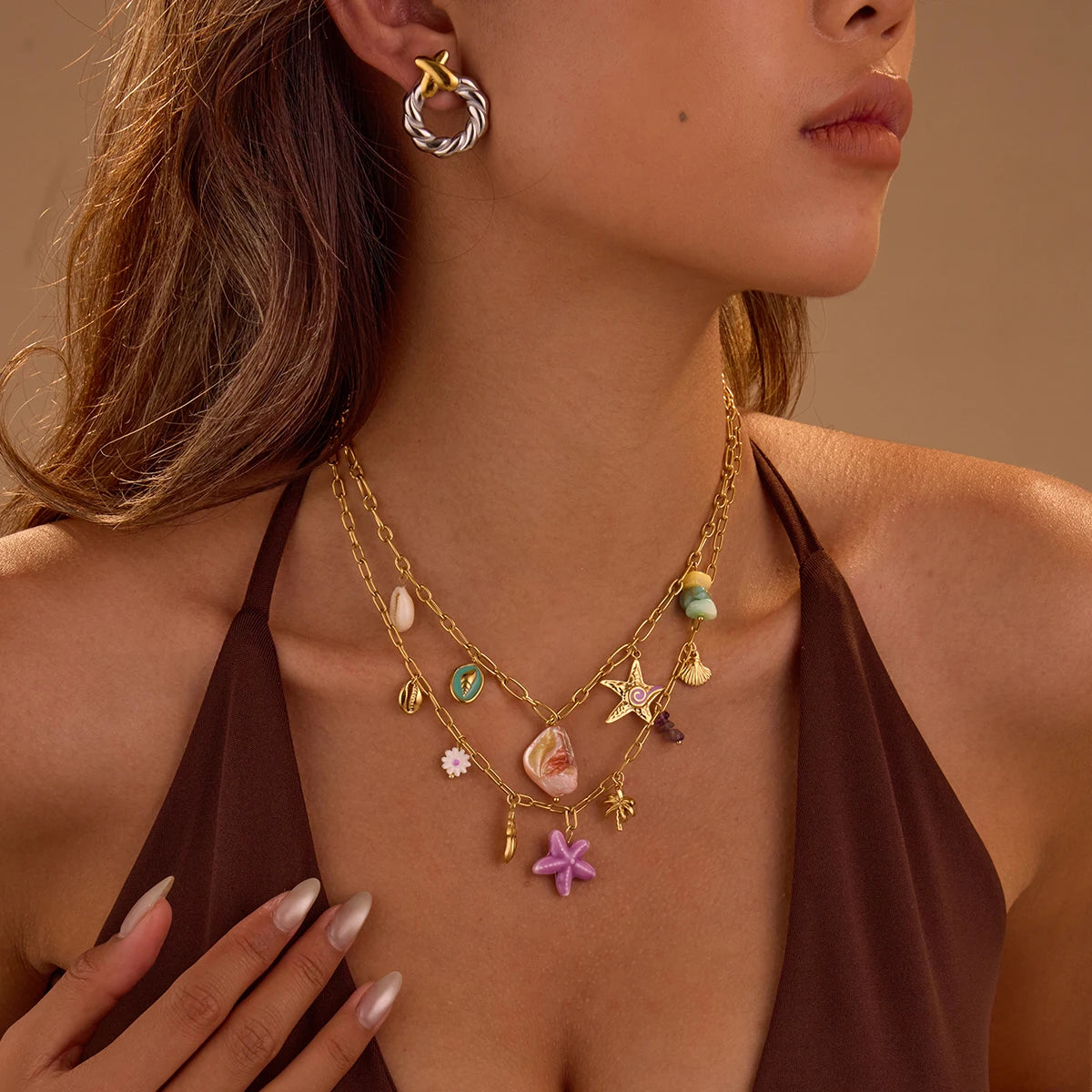 Colorful Boho Jewelry Starfish Natural Cowrie Shell Conch Charms Stainless Steel Chain Necklace 18k Sea Jewelry for Women