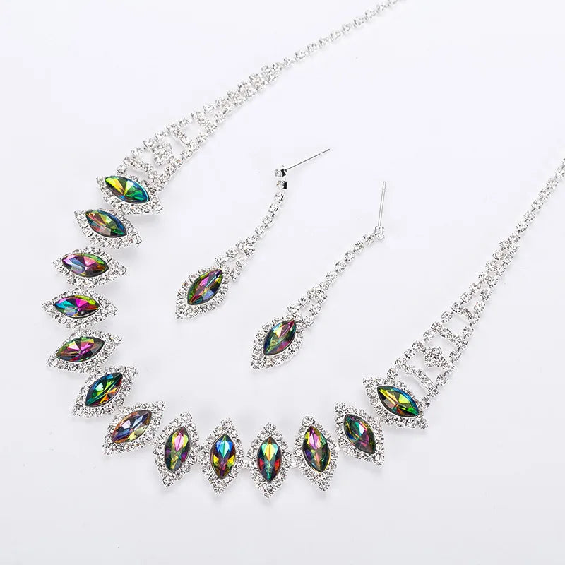 2022 Bohemian Silver Jewelry Set for Women Emerald Marquise Wedding Necklace and Earrings for Parties