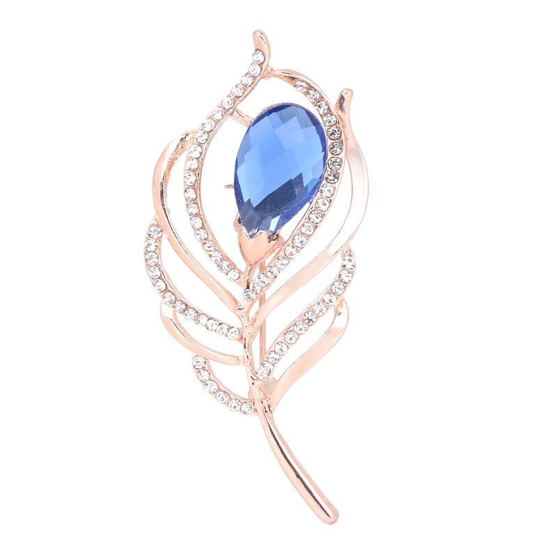 Trendy Sapphire Feather Brooches Clothing Accessories Blue Rhinestone Feather Shape Brooch Pin for Women