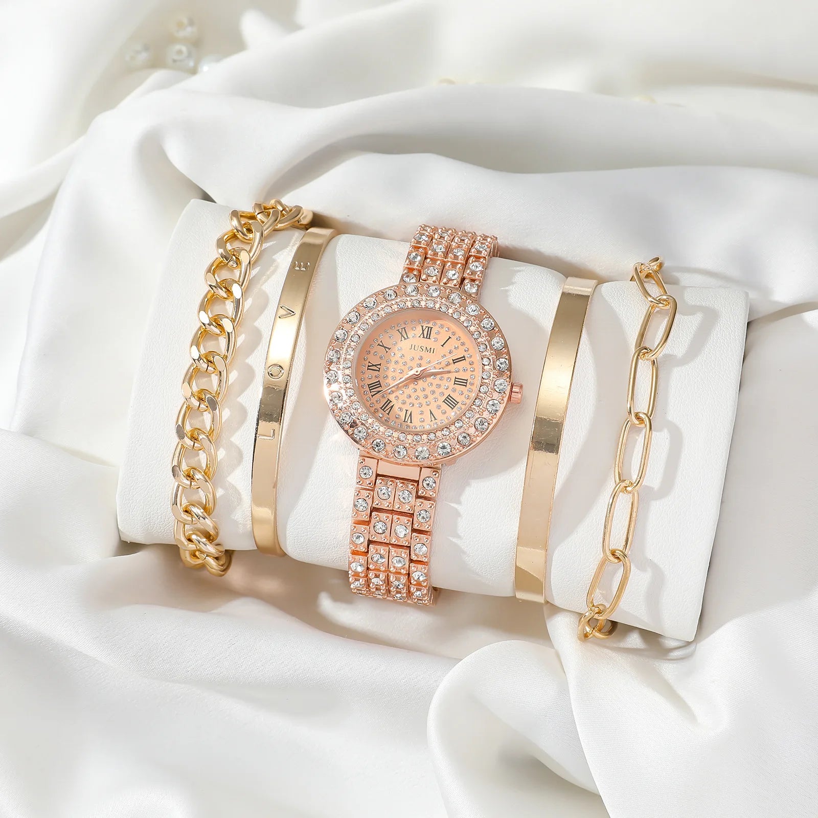 5pcs/set Fashion Full Crystals Roman Dial Quartz Steel Strap Watch Diamond Bracelet Set (WT2294)
